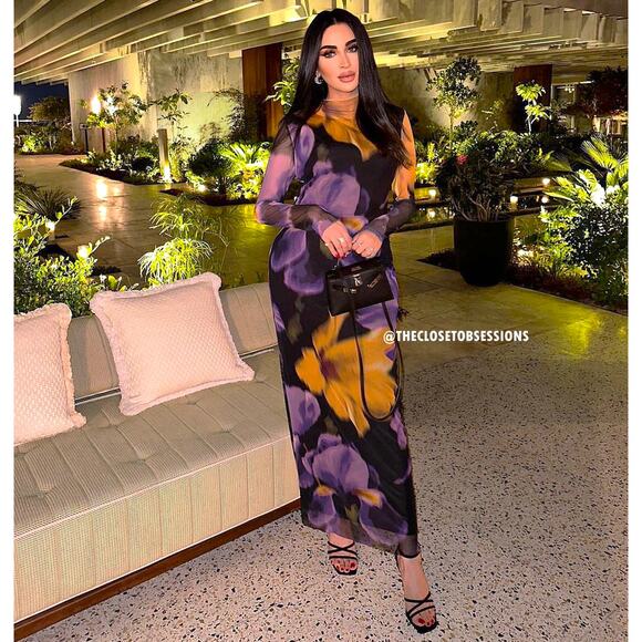 MANGO Fitted Floral Maxi Dress NWT | Multicolor High Neck Long Sleeve - Picture 12 of 16